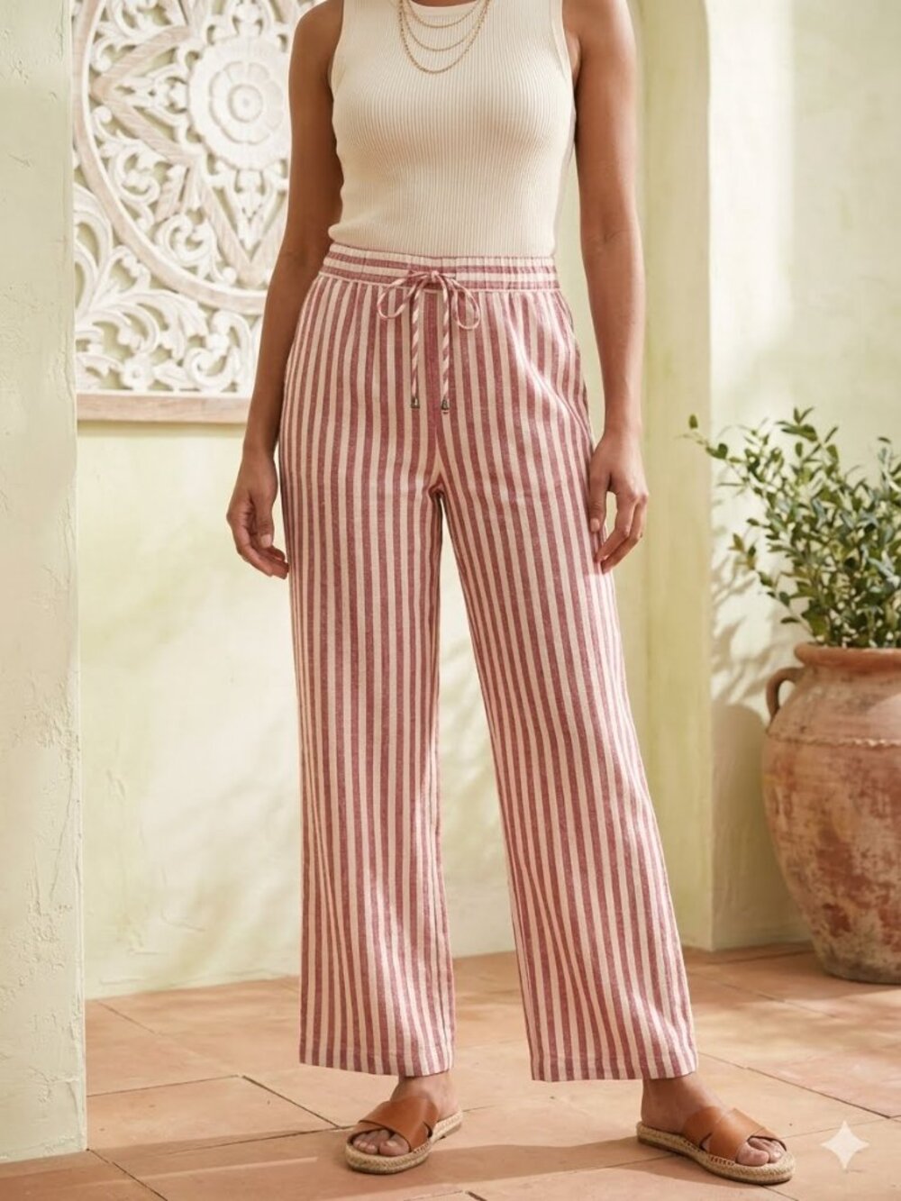 Old Navy Linen Blend Striped Wide Leg Pants Red Cream Drawstring Lounge sz M EUC